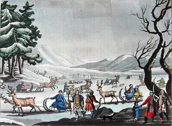 Tungus opuszcza obóz zimowy na saniach ciągniętych przez renifery, ok. 1820 r. (kolorowe grawerowanie)