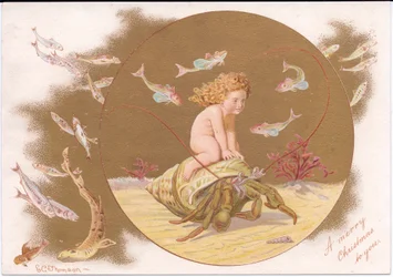 Wiktoriańska kartka bożonarodzeniowa przedstawiająca kraba pustelnika w muszli dosiadanego przez zbiornik wodny otoczony ławicą ryb, Gertrude Thompson, ok. 1895 (kolor litho)
