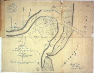 Mapa ujścia rzeki Chicago, Illinois z planem proponowanych pirsów w celu ulepszenia portu, 1830