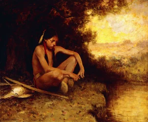 Młody myśliwy nad strumieniem (olej na płótnie)