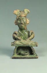 Figura handlarza rybami, artefakt grobowy, wschodnia dynastia Han, 25-220 (ceramika)