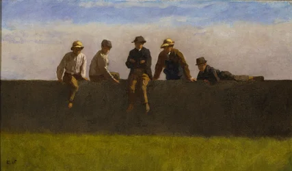 Pięciu chłopców na ścianie, ok. 1875-1880 (olej na płycie kompozycyjnej)