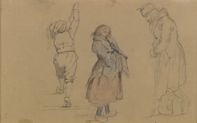 Trzy figury holenderskie, ok.1852 (grafit, wc i biała kreda na brązowym papierze)