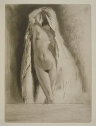 Kobieta udrapowana w prześcieradło, ilustracja do „Mitsou” Sidonie-Gabrielle Colette (1873-1954) opublikowana w 1930 r. (akwaforta i sucha igła)