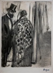 Rozmowa (Ludovic Halevy i Madame Cardinal). Około 1876-1877. Monotype ma oprawki z czarnym tuszem na tekturze pomocniczej autorstwa artysty.