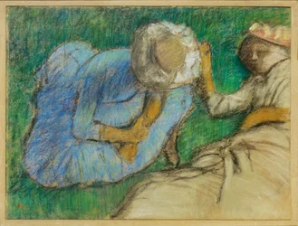 Młode kobiety odpoczywające na łące (pastel na papierze)
