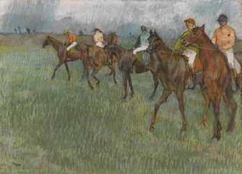 Dżokeje w deszczu, ok. 1886 (pastel na papierze)