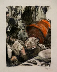 Ludovic Halevy słucha historii Madame Cardinal w garderobie. Około 1876-1877. Pastel na monotypie czarnym tuszem, pierwszy test.