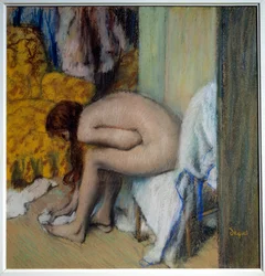 Naga kobieta wyciera stopy. Kobieta przy toalecie. 1879-1893. Wymiary: 0,45 x 0,23 m. Paryż, Musée d
