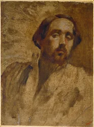 Portret artysty w fartuchu studyjnym (olej na szarym kartonie)