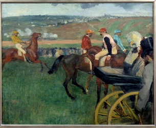 Tor wyścigowy, dżokeje amatorzy przy samochodzie Obraz Edgara Degasa (1834-1917) 1876-1887 Ndz. 0,66x0,81 m Paryż, Muzeum Orsay