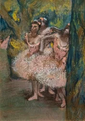 Trzech tancerzy w łososiowych spódnicach. 1904-1906. Pastel na papierze maruflowym na tekturze.