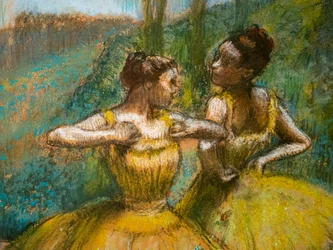 Dwie tancerki w kolorze żółtym (detal). Około 1896. Pastel i węgiel na dwóch paskach papieru.