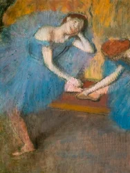 Dwóch odpoczywających tancerzy (znanych również jako „Niebiescy tancerze”) (szczegół). Około 1898. Pastel na cienkim papierze welurowym.