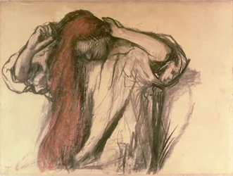 Kobieta czesząca włosy (węgiel i pastel)