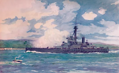 Brazylijski superdreadnought Minas Geraes zbliża się do Rio, 1914
