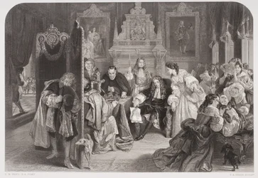 Jakub II (1633-1701) odbiera wiadomość o wylądowaniu księcia Orange, ryty przez F.A. Heatha