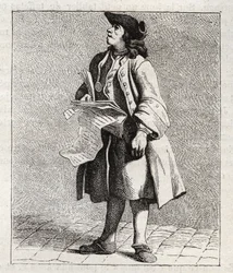 Krzyknik zwycięzców liczb (Loto) - Petity metier de Paris (Studia z niższego Ludu, czyli Kryzys Paryża) - rycina Edme Bouchardon (1698-1762)