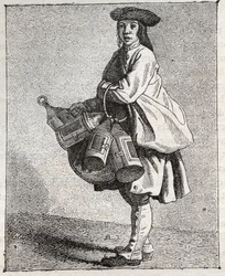 Kupiec z latarniami - Pepetit metier de Paris (Studia wykonane w Niższych Ludach, czyli Kryzys Paryski) - rycina Edme Bouchardon (1698-1762)