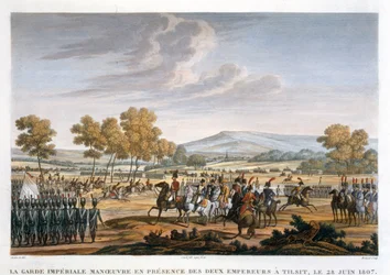 „Gwardia cesarska manewruje w obecności dwóch cesarzy w Tilsit, 28 czerwca 1807 r.”