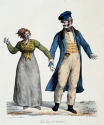 Prostitution: „”Say so handsome man”” – Popularne sceny Edme Jean Pigal (1798-1872), lithogaphy 1824 – Musee Dobree, Nantes
