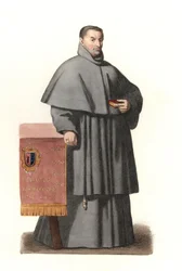 Pedro de Urbina de Montoya, archeweek Sewilli (Hiszpania) od 1658 do 1663, na podstawie malowanego portretu Bartolome Murillo (1618-1682) - Litografia z ilustracji Edmonda Lechevallier-Chevignarda (1825-1902), z „Stroje historyczne z 16t