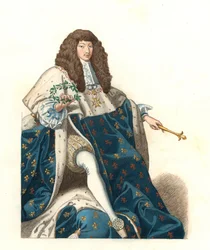 Młody król Francji Ludwik XIV (1638-1715), po paeinture w Musee de Blois (Francja) -Litografia według ilustracji Edmonda Lechevallier-Chevignarda (1825-1902), z „Costumes historiques des 16th