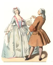 Mistrz tańca i młody wenecjanin, lektor tańca we Włoszech XVIII w. na podstawie obrazu Pietro Longhiego (1701-1785) - Litografia na podstawie ilustracji Edmonda Lechevalliera-Chevignarda (1825-1902), wydobytej z „” Kostiumy historyczne szesnasty