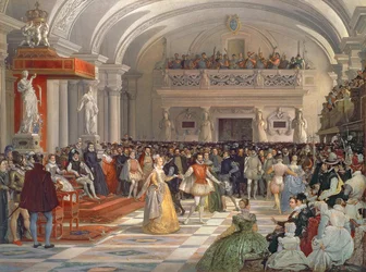 Ślub Henryka de Bourbon, króla Nawarry, z Małgorzatą de Valois w obecności Katarzyny Medycejskiej i Karola IX w 1572, 1862