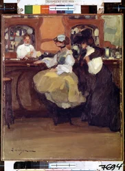 Belle Epoque: ""Bar Tabarin"" Klienci przy kasie pokoju przeglądowego (Bal) w dzielnicy Pigalle w Paryżu. Obraz Edmonda Lempereura (1876-1909) 1905 Muzeum Ermitażu, Sankt Petersburg (Sankt-Petersburg)