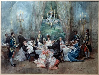Scena posiłku. Ilustracja do sceny 10 aktu II „”Objawienie”” Henri (Henry) Meilhaca (1830-1897) i Ludovica Halevy (1834-1908) w Pałacu Królewskim