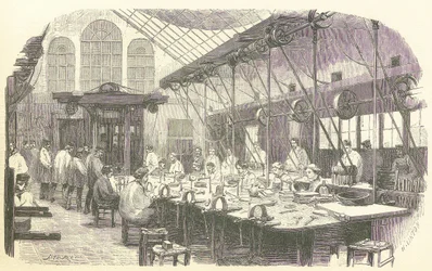 Złotnicy przy pracy w Fabryce Sztućców Christophle w Paryżu, wyd. 1875 (grawerowanie)