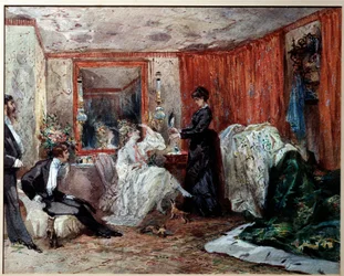 Komik teatralny Hortense Schneider (1833-1920), kochanka Jacquesa Offenbacha (1819-1890), reprezentuje po lewej w swojej garderobie w Theater des varietes. Akwarela Edmonda Morina (1824-1882) 1873 Compiegne, Muzeum Zamkowe