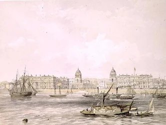 Greenwich Hospital, grawerowane przez Thomasa Pickena (fl.1838-d.1870), wyd. 1852 przez Lloyd Bros. & Co. (litografia)