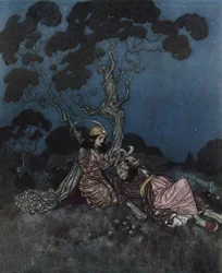 Piękna i Bestia: Piękna przestraszona przez Bestię leży obok niej, ok. 1910 r. (litografia)