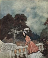 Niebieska broda: Młoda żona Błękitnobrodego, Fatima, pyta swoją siostrę Anne, czy widzi swoich braci z wieży, ok. 1910 r. (litografia)