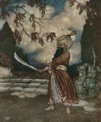 Niebieska broda: Przerażający Niebieskobrody ma brodę tak czarną, że wygląda na niebieską, ok. 1910 r. (litografia)