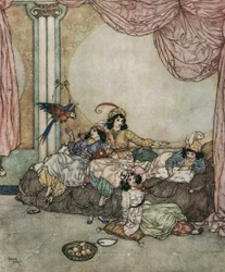 Błękitna broda: Młoda żona Błękitnobrodego, Fatima, zaprasza przyjaciół do domu, podczas gdy jej mąż wyjechał w podróż ok. 1910 r. (litografia)