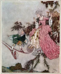 Ale wiadomość o tym przyniósł jej mały krasnoludek, który posiadał parę siedmioligowych butów", ilustracja ze "Śpiącej królewny", wyd. w 1910 r. (kolorowa litografia).
