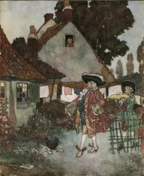 Kopciuszek (Cinderella): minister szuka po wszystkich chatach i domach królestwa dziewczyny, która zgubiła pantofelek ok. 1910 r. (litografia)