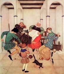 „Zakonnik, mocno przywiązany do słupa, wił się i szamotał, wyraźnie pokazując, że uciekłby na własnych nogach, gdyby tylko mógł”, ilustracja do angielskiej baśni Zakonnik i chłopiec, z książki Edmunda Dulaca Fairy-Book: Baśnie narodów sprzymierzonych