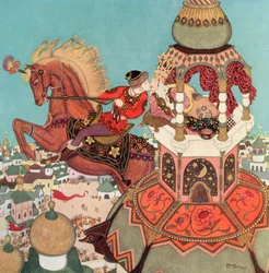 „Kasztanowaty koń zdawał się trwać w powietrzu u szczytu skoku, dopóki trwał tamten pocałunek”, ilustracja do rosyjskiej baśni Iwan i kasztanowaty koń, z Księgi baśni Edmunda Dulaca: Baśnie narodów sprzymierzonych, opublikowanej w 1916