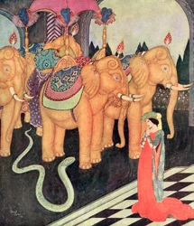 "Kiedy Grannmia zobaczyła swojego dziwnego kochanka, tylko ona pozostała spokojna i odważna", ilustracja z włoskiej baśni The Serpent Prince, z książki Edmunda Dulaca Fairy-Book: Fairy Tales of the Allied Nations, wyd. 1916 r.