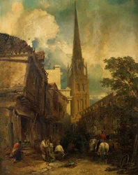 Bayley Lane, z Drapers Hall i kościołem św. Michała, Coventry, 1851