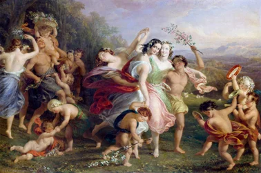 "Matinee de mai" Taniec i rundy leśnych postaci, dzieci w wieńcach z kwiatów. Obraz namalowany przez Edmunda Thomasa Parrisa (1793-1873) w 1859 r.
