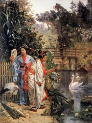 "Dwie Japonki w kimonach opiekujące się łabędziami i łowiące ryby (). Obraz autorstwa Edouarda Castresa (1838-1902) Kolekcja prywatna