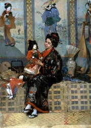 Nowa lalka. Kobieta w kimonie z porcelanową lalką (lub marionetką). Wpływ Japonii i Dalekiego Wschodu na europejskie malarstwo impresjonistyczne. Malarstwo Edouarda Castresa (1838-1902)