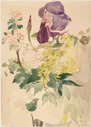 Kawałek kwiatu z irysem, złotemem i geranium, 1880