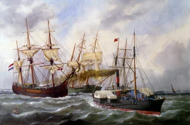 Dwie przyczepy z trzema matami autorstwa Le Neptune au Havre w 1882 r. Obraz Edouarda Adama (1847-1929) 1882 r. Paryż, Musee de la Marine