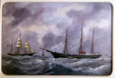 Statki łowiące ryby na brzegu Nowej Fundlandii w 1885 r. Akwarela Edouarda Adama (1847-1929) 1885 Paryż, Musee de la Marine